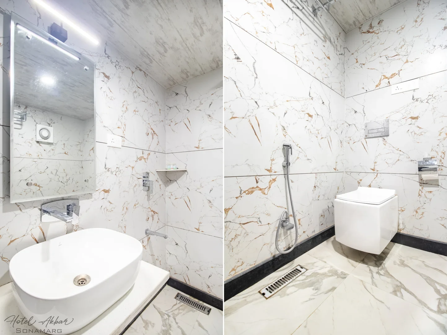 Elegant modern hotel washroom interior details.